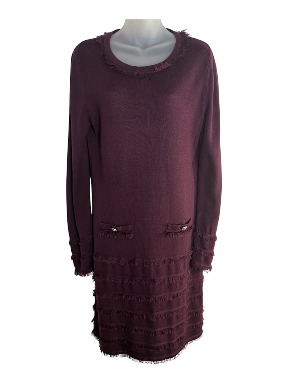 Karl Lagerfeld Paris Burgundy Fringe Sweater Dress M Tiered Knit Midi